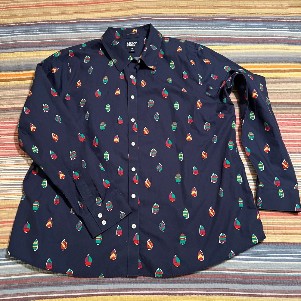 Lands End‎ Womens Button Down Size 16 Blue Sailboat Print Long Sleeve Supima